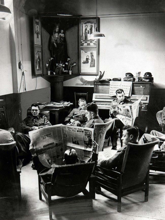 The Catholic Women’s League maintain a canteen and recreation for members of H.M. Forces in St. Peter’s Hall in Westminster Cathedral Yard in London for troops to enjoy a spell of comfort, 1939