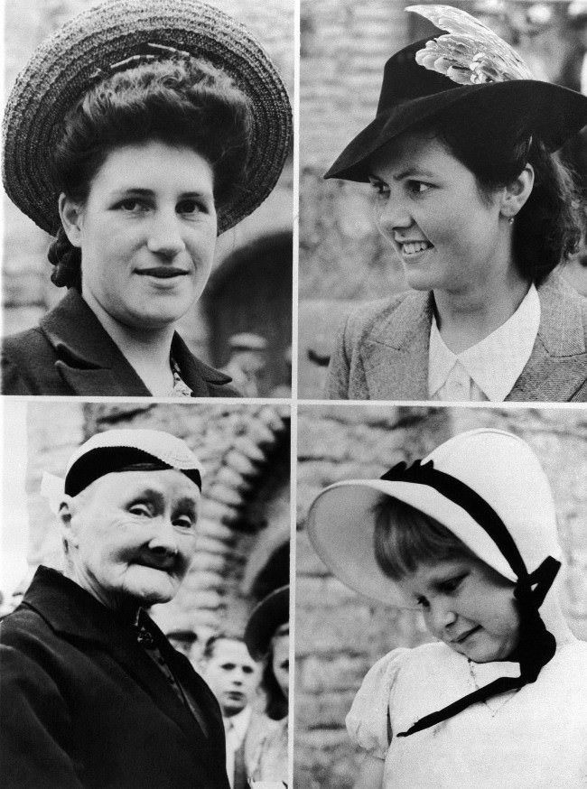 War or no war, milady makes it a point to look her best in Normandy. These were among the hat styles in evidence when women of the war-torn town of Vouilly in France, 1944, turned out for church services.