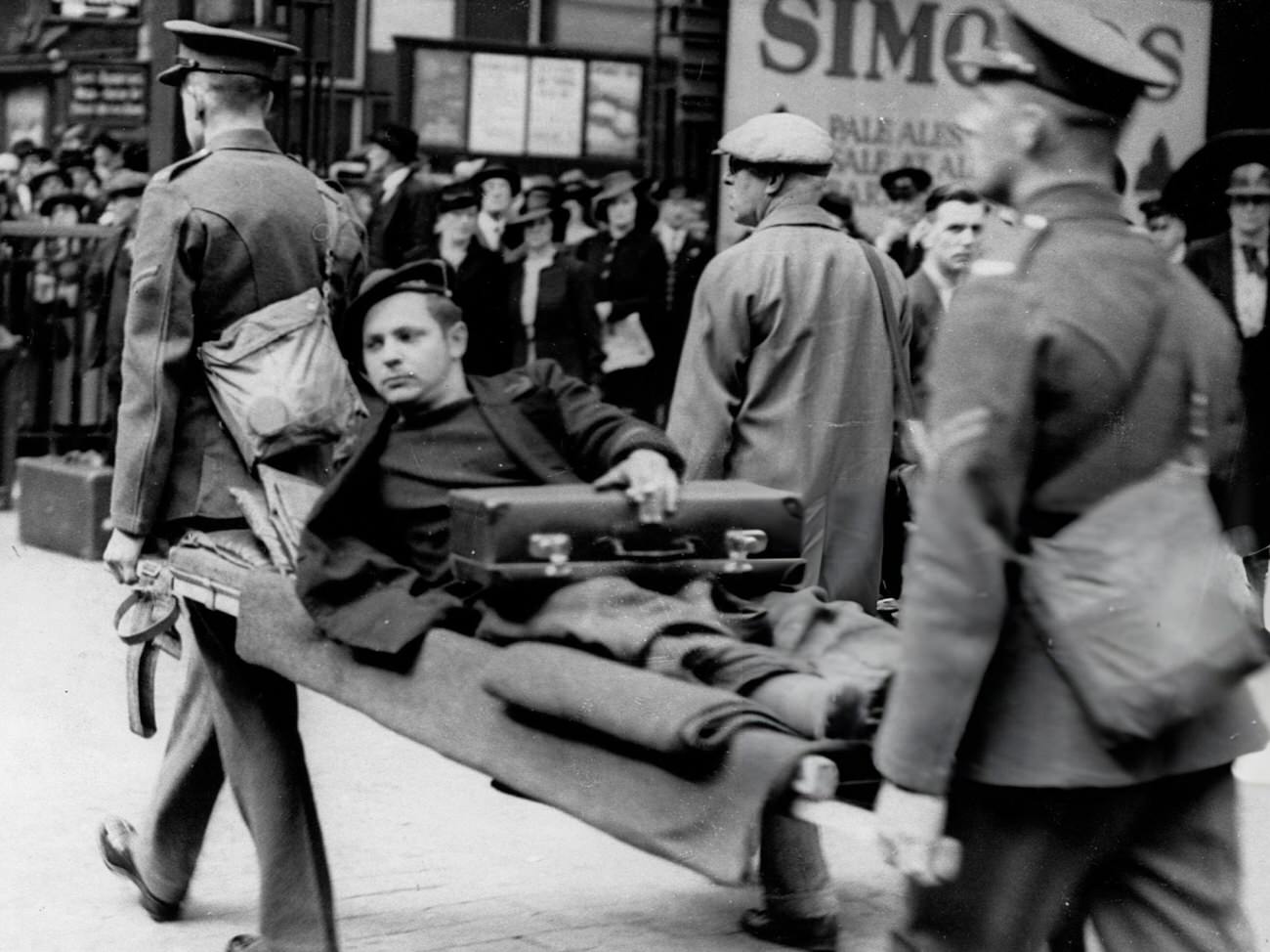 A wounded French sailor arrives in Britain, 1940.