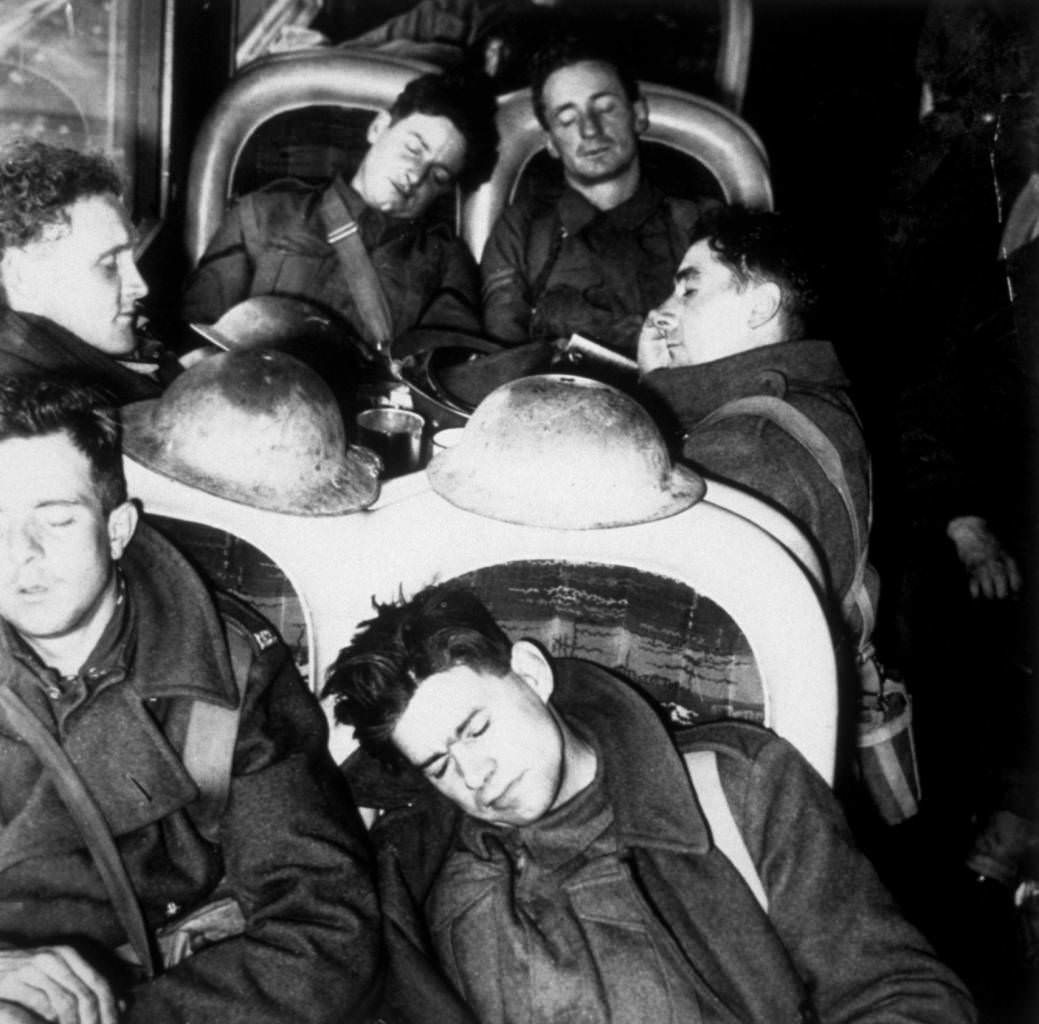 Troops aboard a train, having returned from Dunkirk as part of the British Expeditionary Force, 1940.