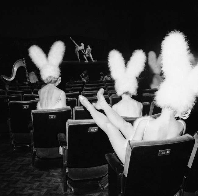 Bunny-eared Rockettes relax during a rehearsal of the current Easter show, 1966.