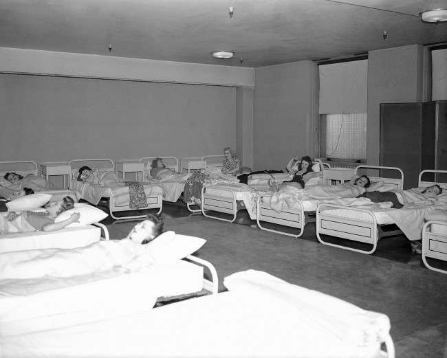 Rockettes rest in the Music Hall's backstage dormitory, 1946.