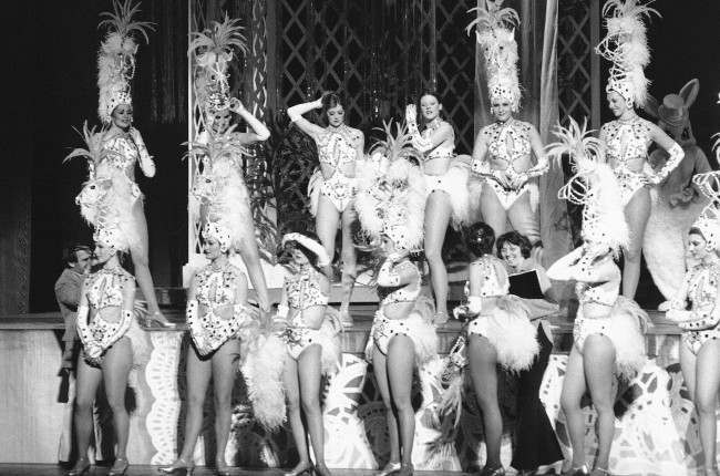 Some of the Radio City Music Hall Rockettes prepare themselves for a dress rehearsal, 1978.