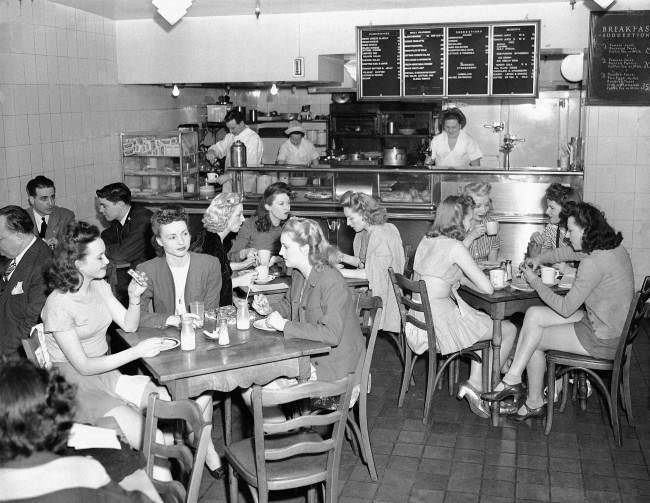 Some Rockettes have lunch in the backstage theater at the Music Hall, 1946.