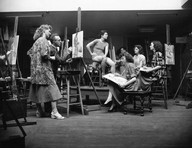 Four Radio City Music Hall Rockettes find time to become artists off-stage as well as on, 1951.