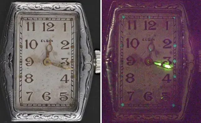 This radium watch was made circa 1930. The dial still glows, showing how powerful radium is.