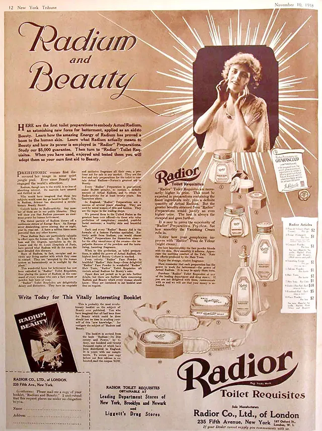 918 ad for Radior cosmetics, which the manufacturer claimed contained radium.