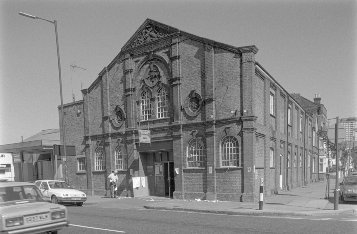 Shepherds Bush Village Hall, 1990.Built in 1898 as the drill hall for the 1st City of London Volunteer Artillery, it became a hall owned by the London Borough of Hammersmith and Fulham until sold to the Wigoder Family Foundation in 2012.