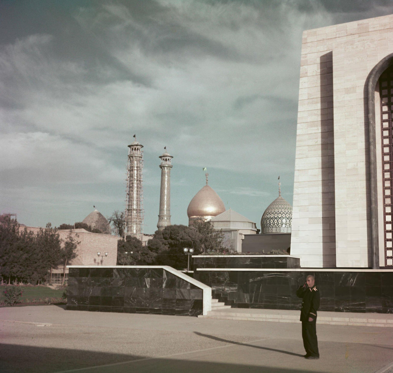 A guard stands outside the Mausoleum of Reza Shah, the burial place of Reza Shah Pahlavi, near the Shah Abdol-Azim shrine in the Ray district of the city of Tehran, 1960s.