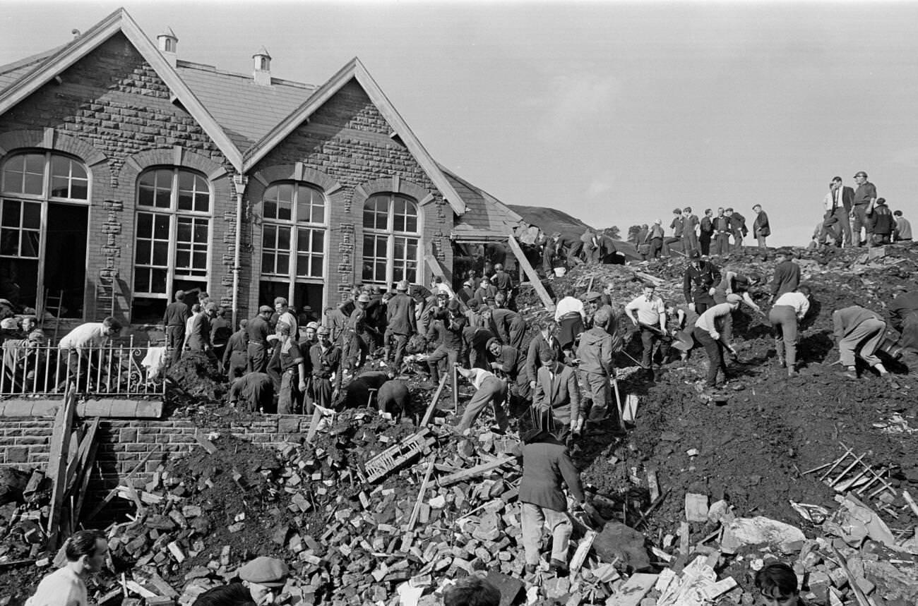 Mud and devastation caused by mining spoil from the hillside engulfing the Pantglas Junior School, 1966.