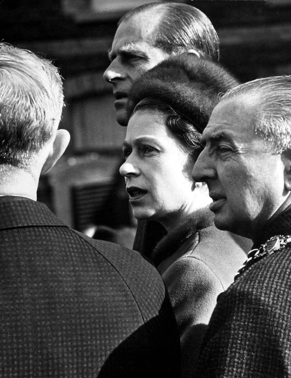 Queen Elizabeth II with her husband the Duke of Edinburgh and the Mayor of Martyrs Tydfill visit Aberfan, 1966.