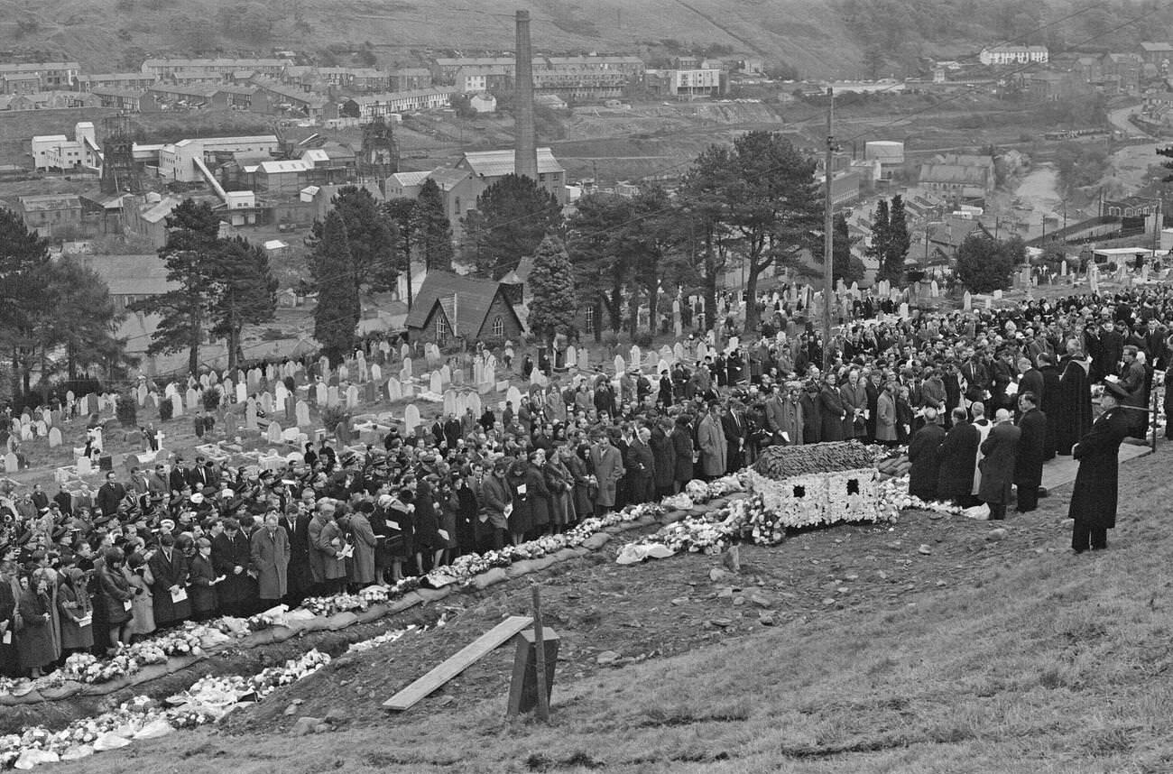 The Aberfan hillside cemetery as the mass funerals take place, 1966.