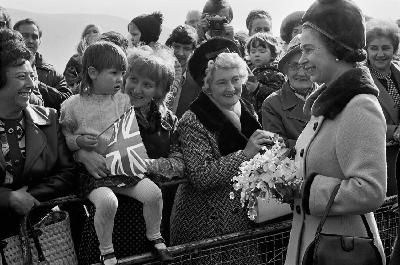 The Queen visiting Aberfan, South Wales to open a new community centre, 1973.