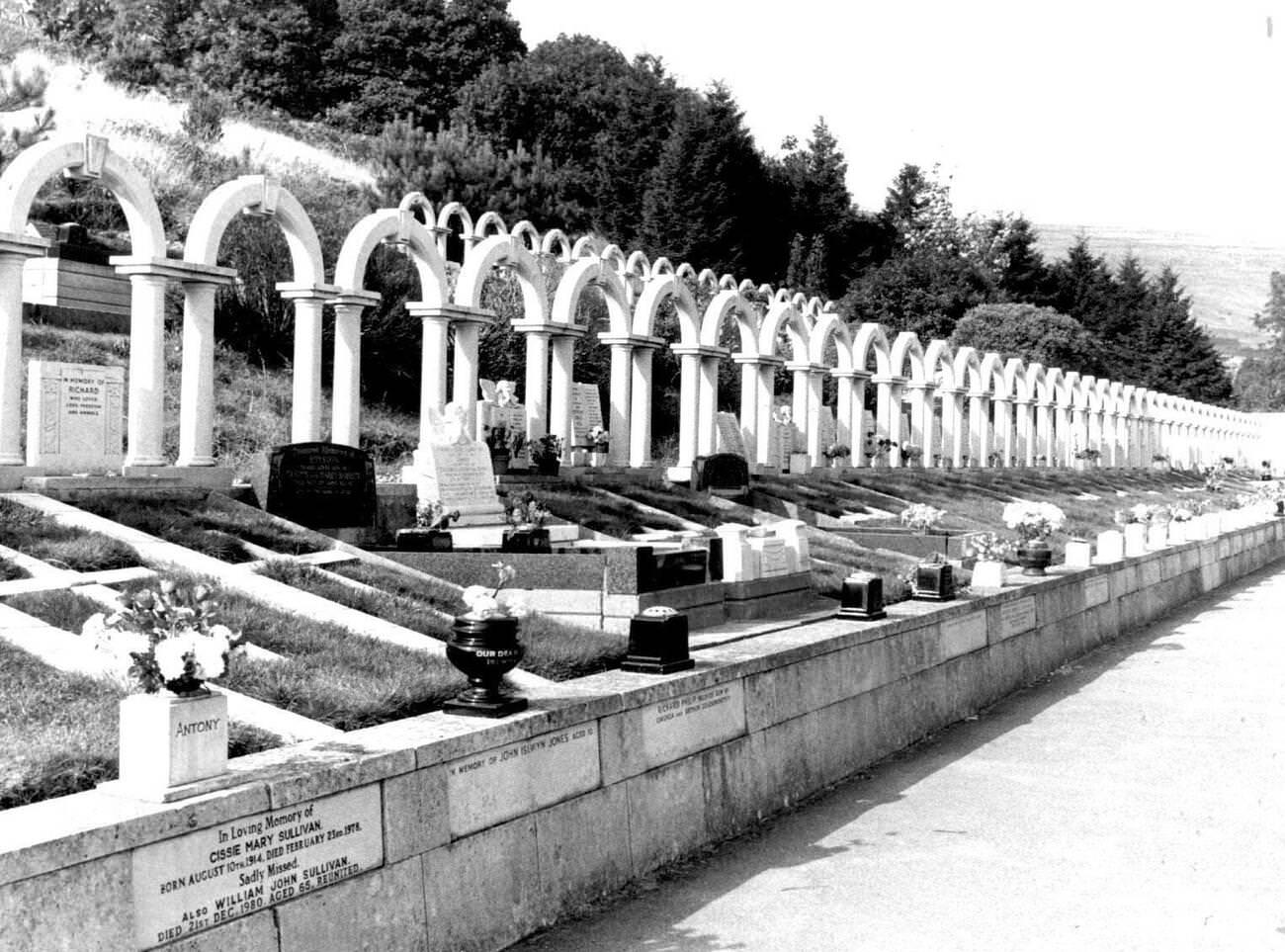 Rows of headstones in Aberfan cemetery mark the final resting places of the dead in the disaster, 1966.