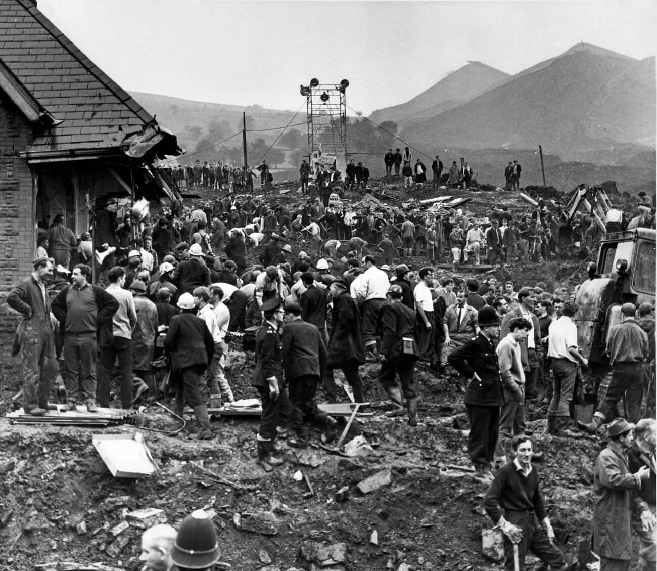 Mud and devastation caused by mining spoil from the hillside engulfing the Pantglas Junior School, 1966.