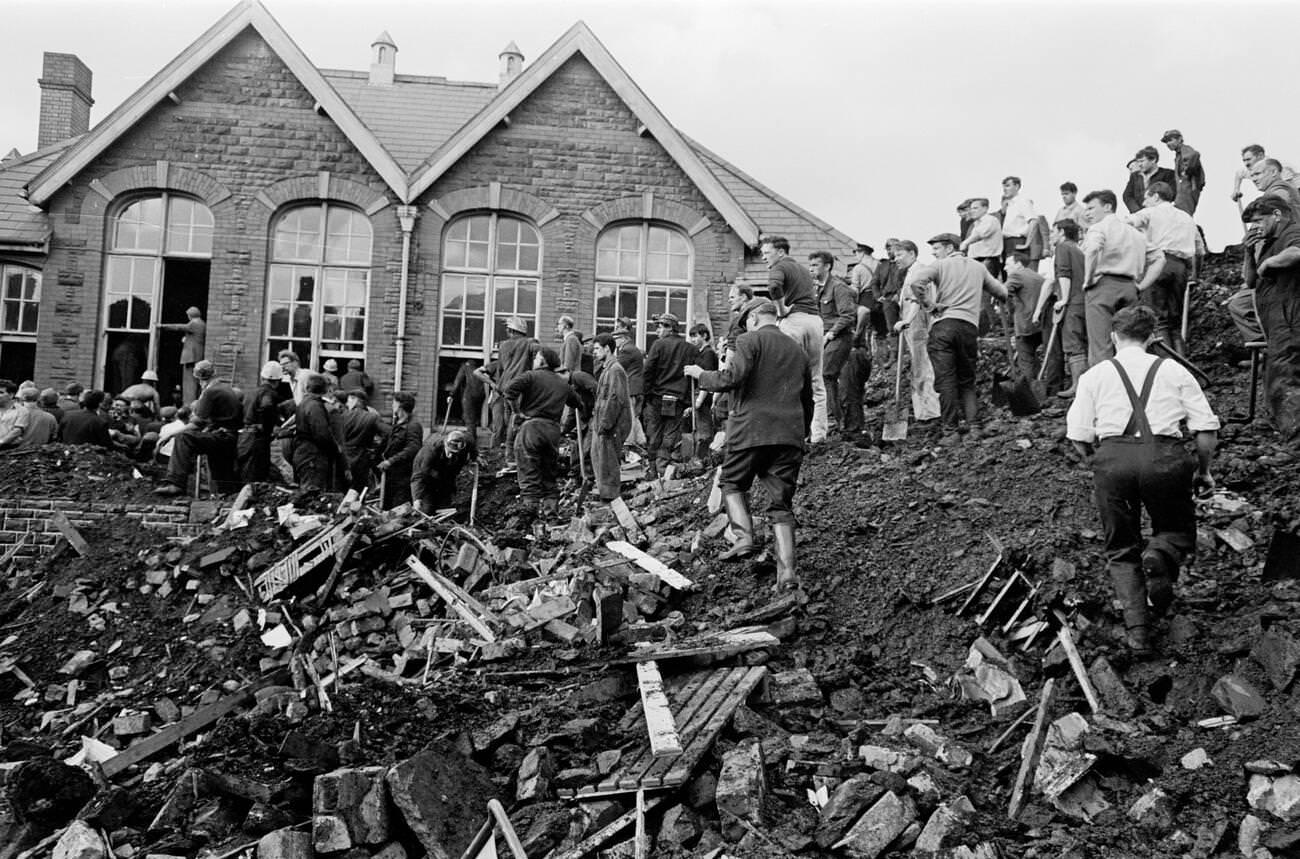 Mud and devastation caused by mining spoil from the hillside engulfing the Pantglas Junior School, 1966.