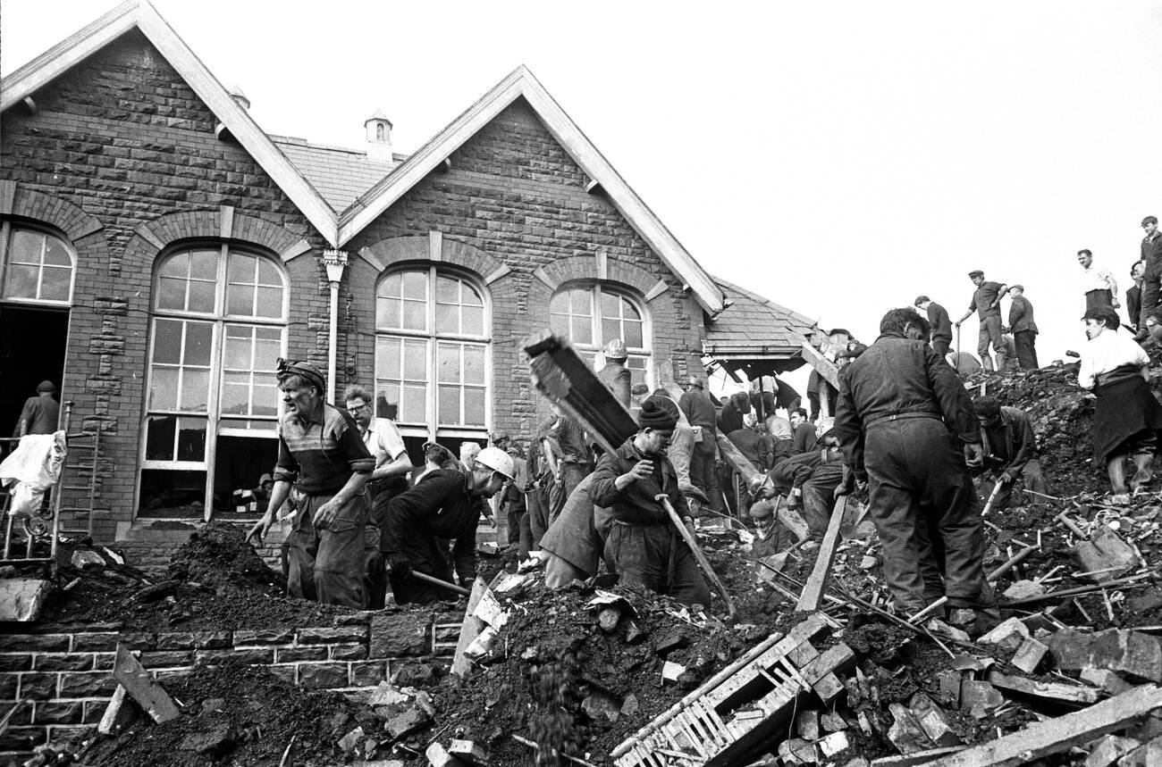 Mud and devastation caused by mining spoil from the hillside engulfing the Pantglas Junior School, 1966.