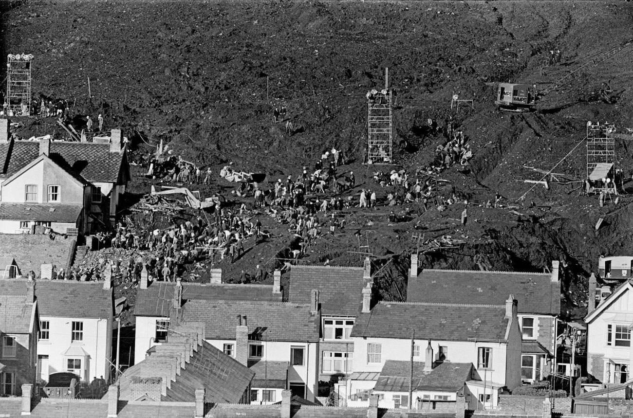 Mud and devastation caused by mining spoil from the hillside engulfing the Pantglas Junior School, 1966.