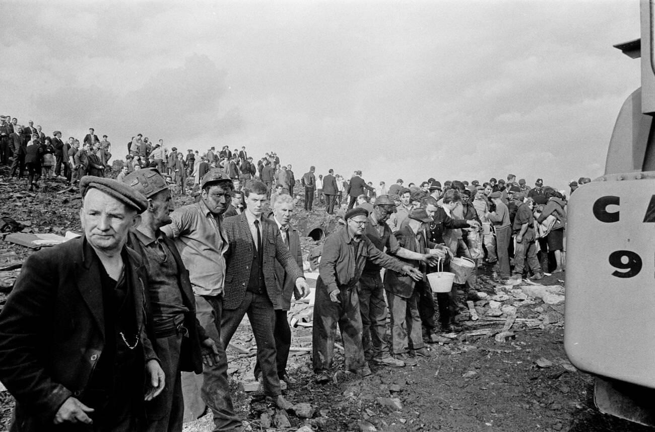 Mud and devastation caused by mining spoil from the hillside engulfing the Pantglas Junior School, 1966.