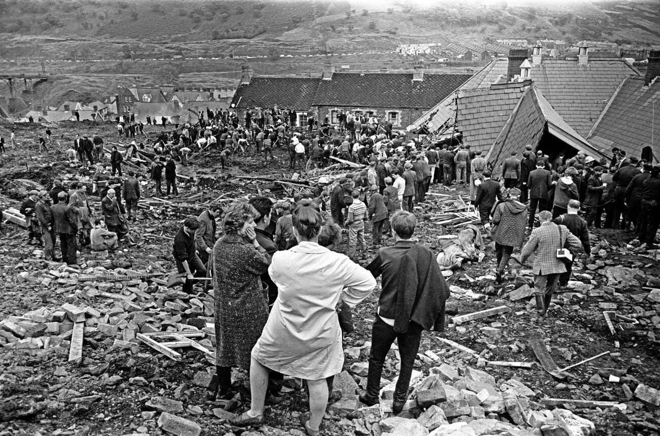 Mud and devastation caused by mining spoil from the hillside engulfing the Pantglas Junior School, 1966.