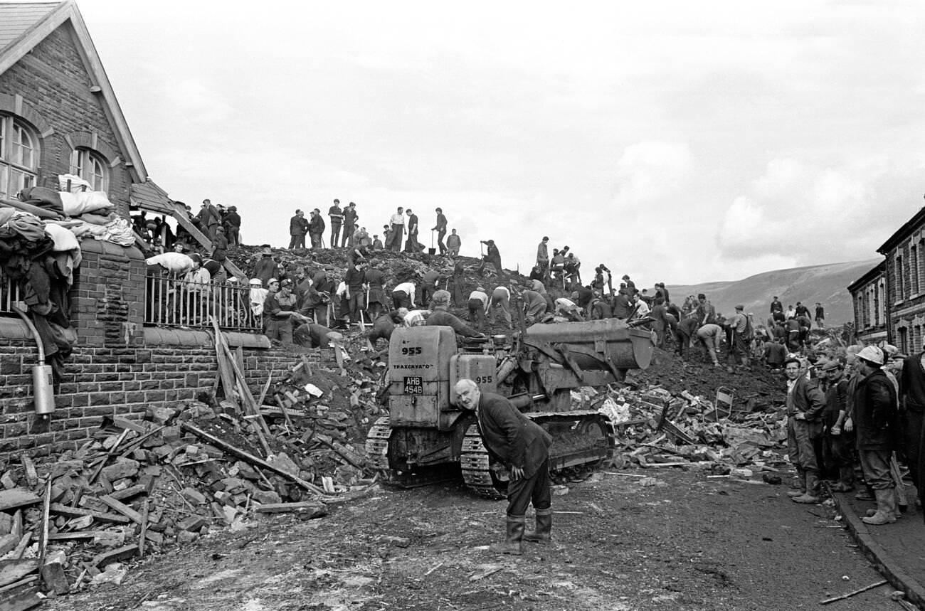 Mud and devastation caused by mining spoil from the hillside engulfing the Pantglas Junior School, 1966.