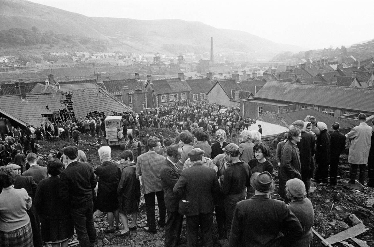 Mud and devastation caused by mining spoil from the hillside engulfing the Pantglas Junior School, 1966.