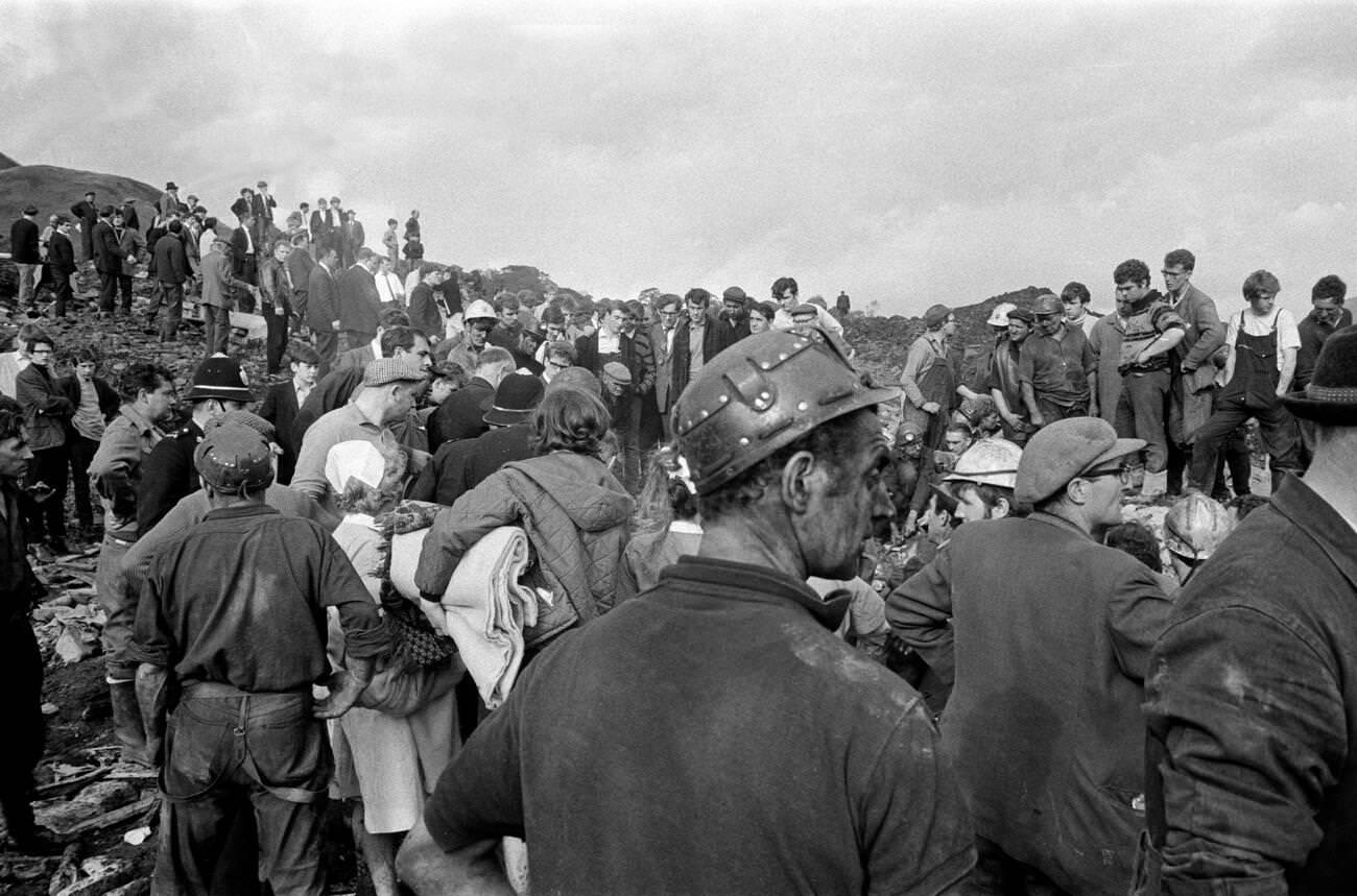 Mud and devastation caused by mining spoil from the hillside engulfing the Pantglas Junior School, 1966.