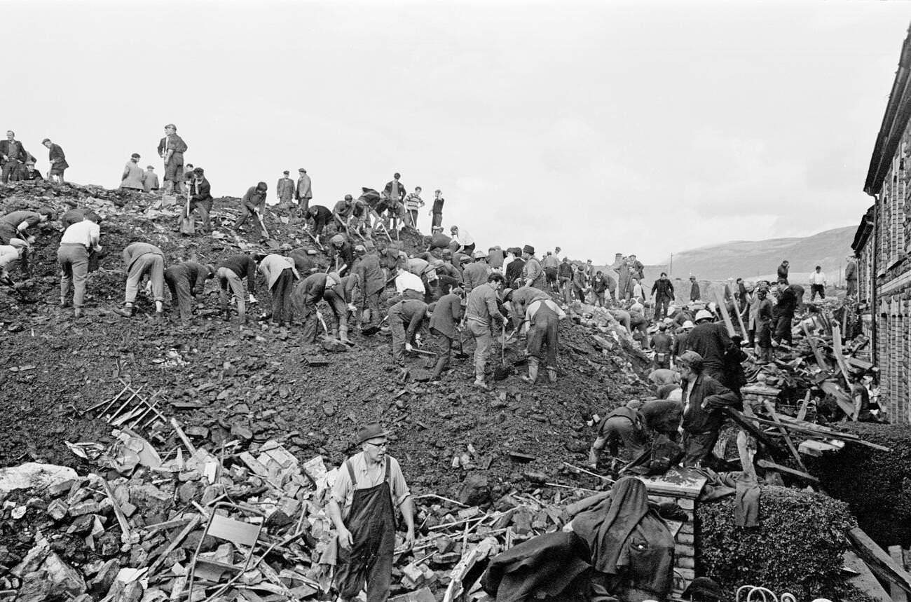 Mud and devastation caused by mining spoil from the hillside engulfing the Pantglas Junior School, 1966.