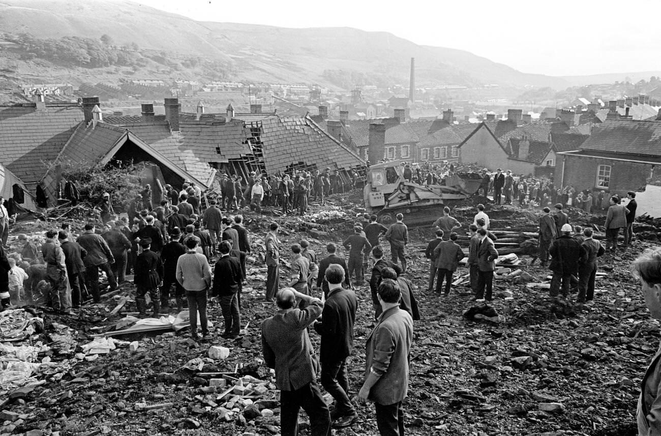 Mud and devastation caused by mining spoil from the hillside engulfing the Pantglas Junior School, 1966.