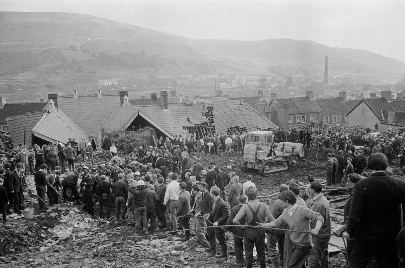 Mud and devastation caused by mining spoil from the hillside engulfing the Pantglas Junior School, 1966.