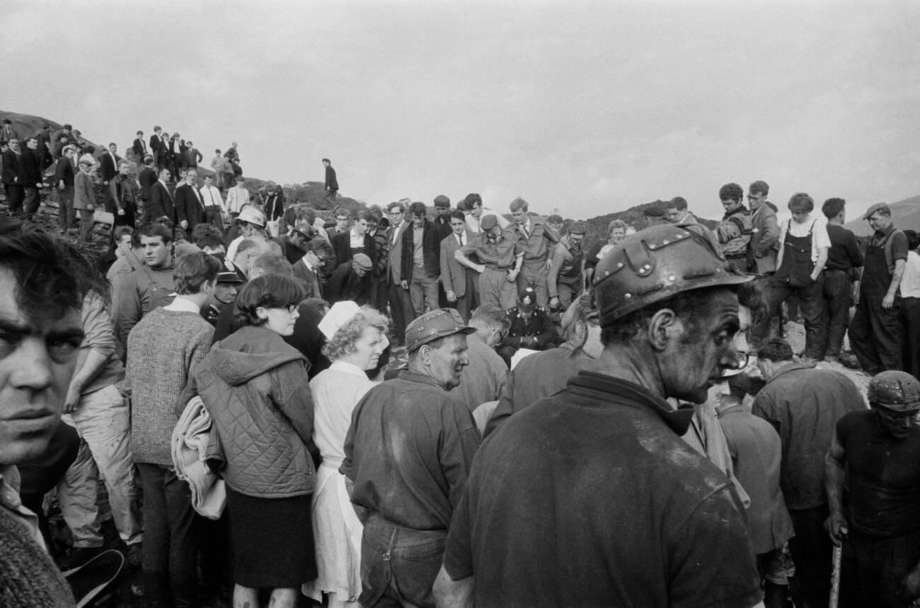 Mud and devastation caused by mining spoil from the hillside engulfing the Pantglas Junior School, 1966.