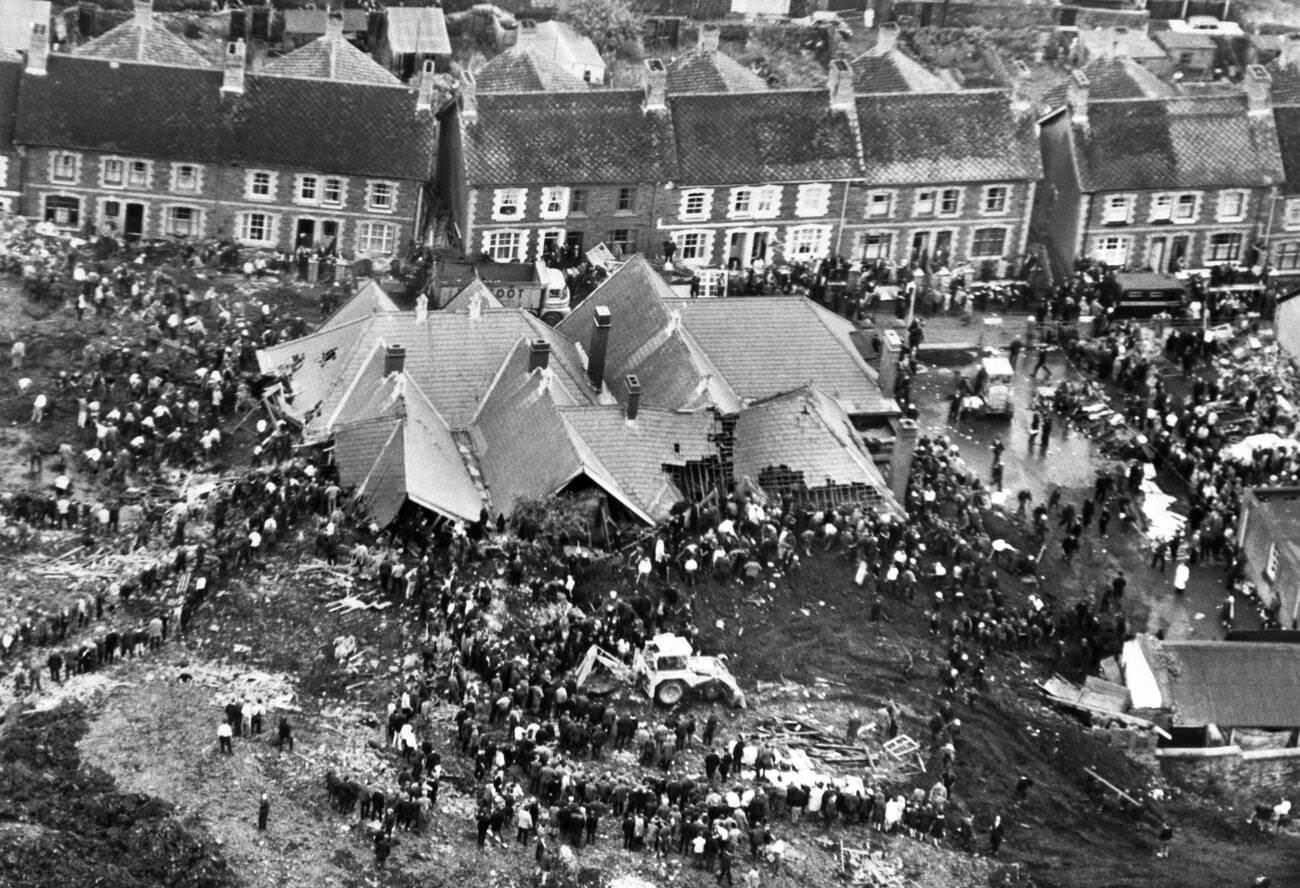 The scene at Aberfan, Glamorgan, after a man-made mountain of pit waste slid down onto Pantglas School and a row of housing, killing 116 children and 28 adults, 1966.