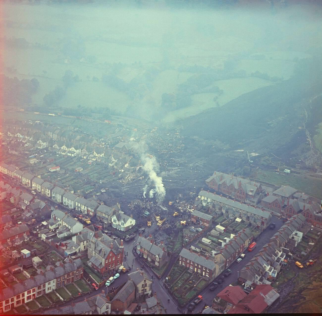 An aerial picture shows the disaster scene at Aberfan, South Wales, 1966.