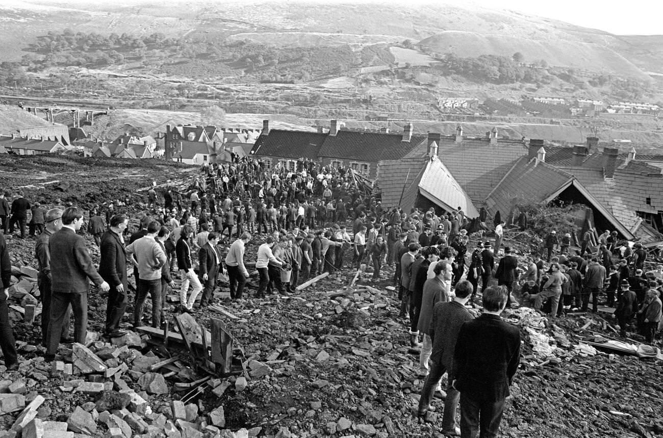 Mud and devastation caused by mining spoil from the hillside engulfing the Pantglas Junior School, 1966.