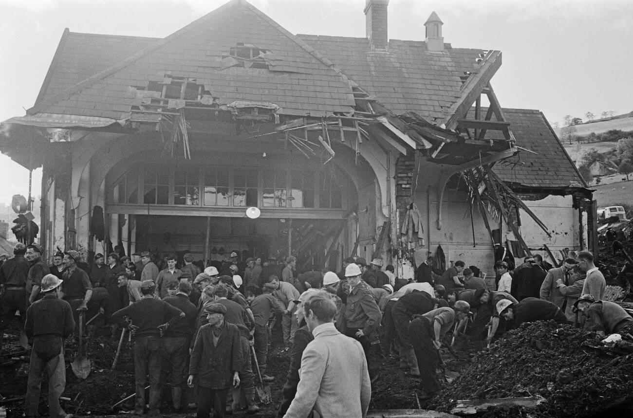 Mud and devastation caused by mining spoil from the hillside engulfing the Pantglas Junior School, 1966.