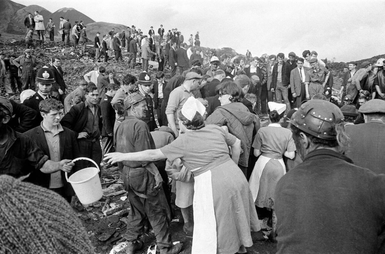 Mud and devastation caused by mining spoil from the hillside engulfing the Pantglas Junior School, 1966.