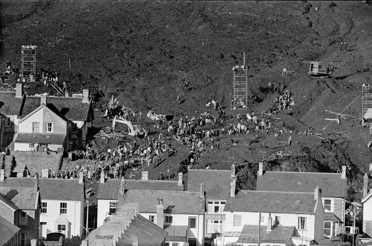 Mud and devastation caused by mining spoil from the hillside engulfing the Pantglas Junior School, 1966.