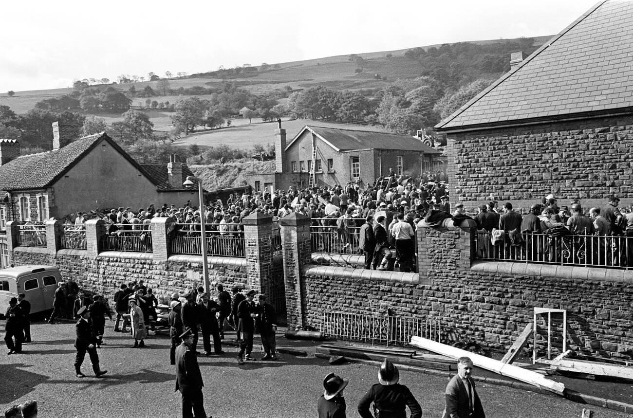 Mud and devastation caused by mining spoil from the hillside engulfing the Pantglas Junior School, 1966.