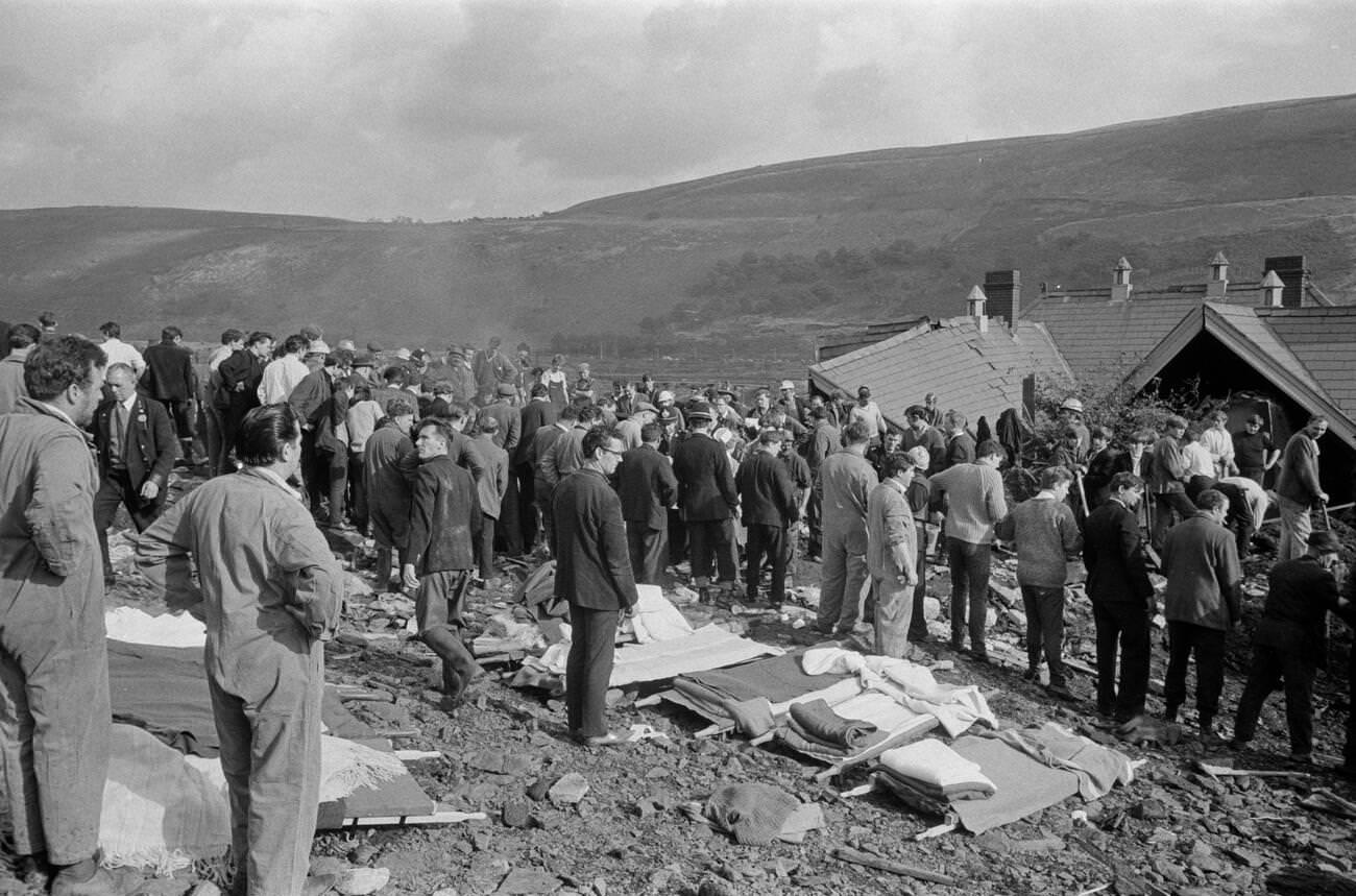 Mud and devastation caused by mining spoil from the hillside engulfing the Pantglas Junior School, 1966.