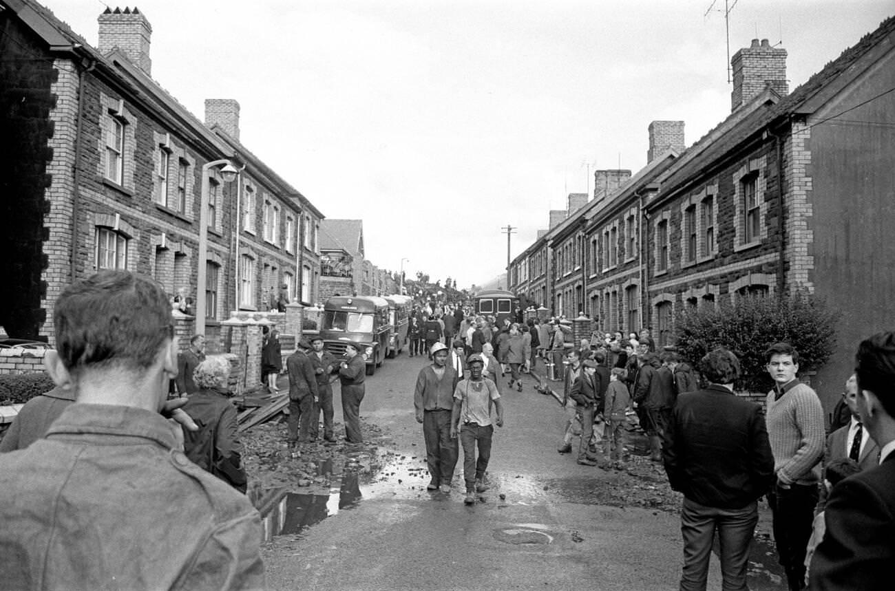 Mud and devastation caused by mining spoil from the hillside engulfing the Pantglas Junior School, 1966.