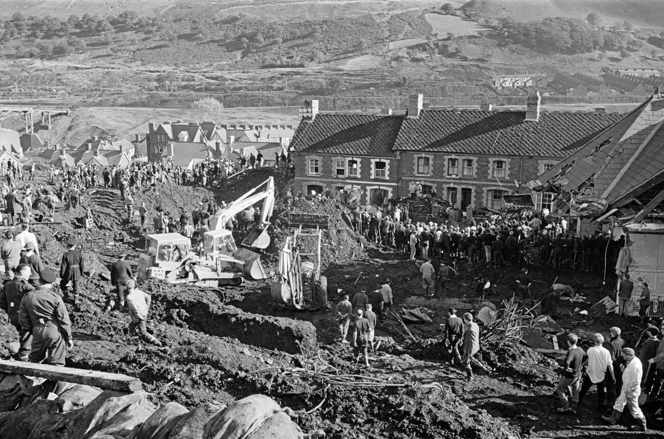 Mud and devastation caused by mining spoil from the hillside engulfing the Pantglas Junior School, 1966.