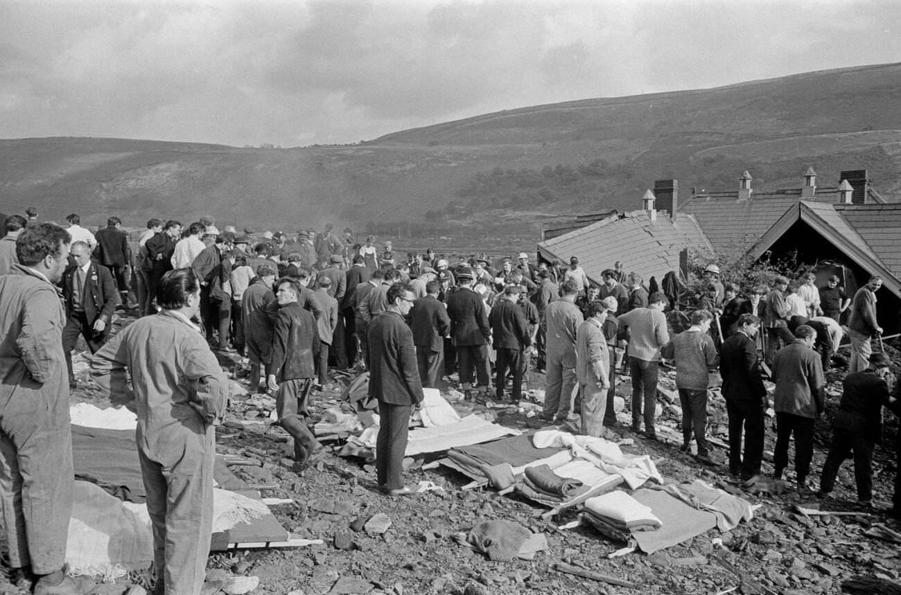 Mud and devastation caused by mining spoil from the hillside engulfing the Pantglas Junior School, 1966.