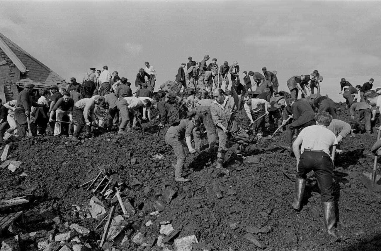 Mud and devastation caused by mining spoil from the hillside engulfing the Pantglas Junior School, 1966.