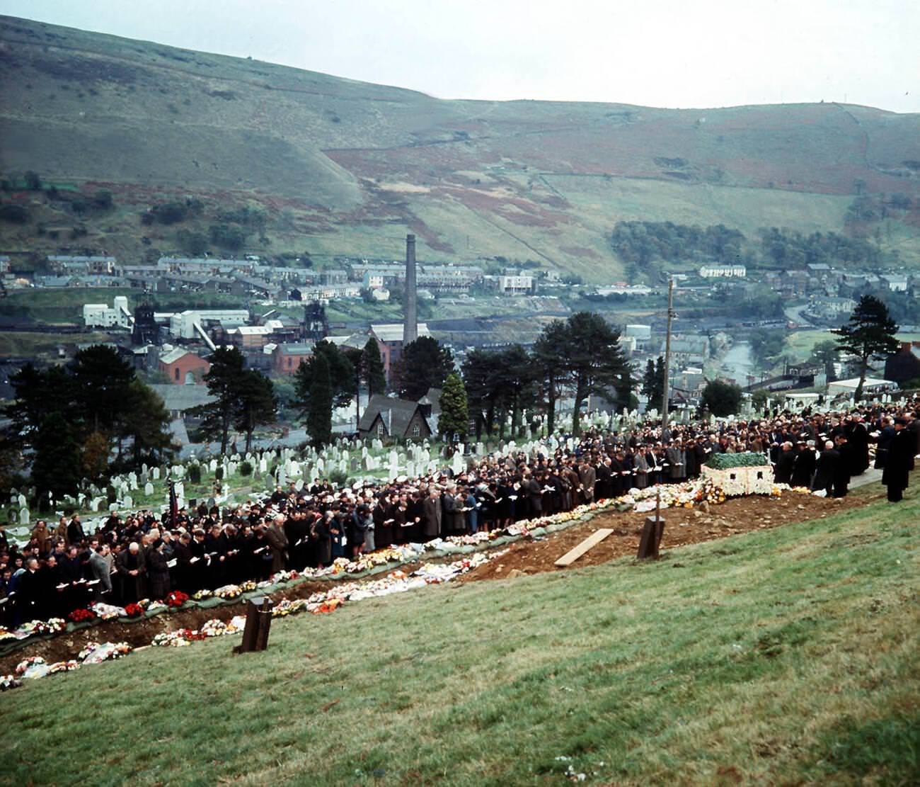 A general view at the cemetery during the funeral of 82 disaster victims, 1966.