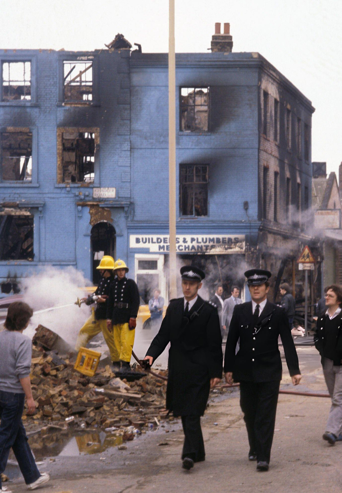 A building burned during the Brixton riots in London, 1981.