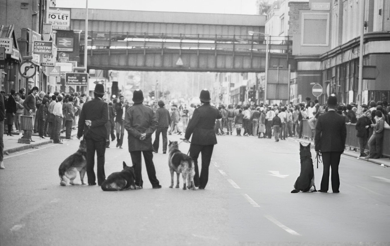 Police dog handlers on Atlantic Road on the second day of riots in Brixton, South London, 1981.