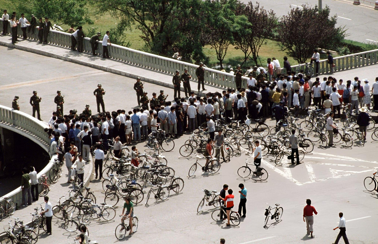 Chinese soldiers block an overpass on Chang'an Avenue leading to Tiananmen Square, 1989.