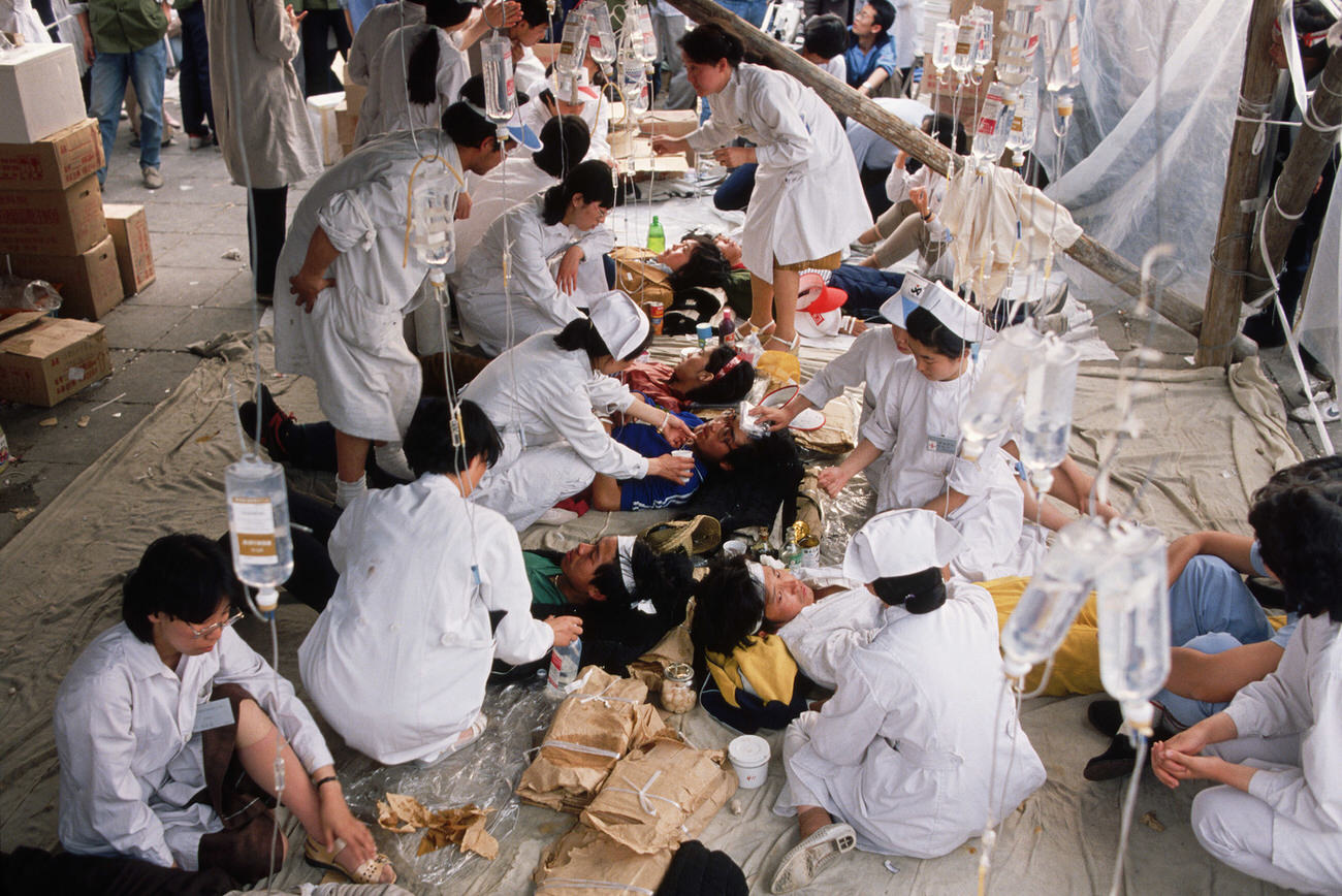 Students from a Beijing nursing school look after hunger strikers during the protests.