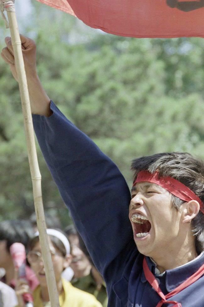 A Beijing University student sounds off during a rally, Thursday, May 25, 1989 in Beijing in Tiananmen Square.