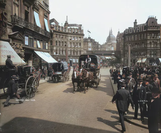 A horse and cart traveling down Ludgate Hill, 1897.